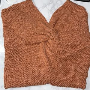 Burnt sienna orange knit off the shoulder sweater criss cross back